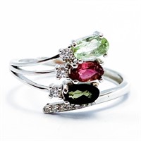Pink & Green Tourmaline Silver Bypass Ring