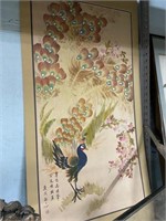 Lg. Oriental Watercolor on Silk of Peacock.