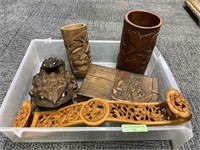 Box of Carved Wood Oriental Items.