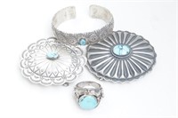Navajo turquoise ring, bracelet & 2 conchos