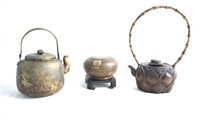 Japanese Wood Tea Set, Lacquered Bowl Brass Teapot
