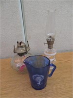 2 Oil Lamps & Shirley Temple Cobalt  Creamer
