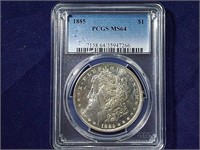 1885 MORGAN SILVER DOLLAR, MS64 (PCGS)