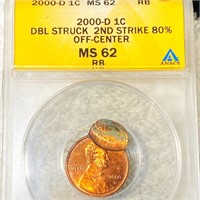 2000-D Lincoln Wheat Penny ANACS - MS 62 RB ERROR