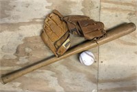 Junior wooden baseball bat. 2 gloves. 1 ball