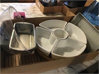 Ceramic dip tray, cooking tins & plastic bowl