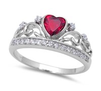 Sterling Silver Heart Ruby Crown Ring SJC