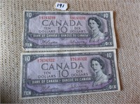 2 Canadian 1954 $10.00 Bills