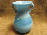 Hand Made Blue Slag Art Glass Handled Vase