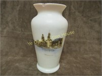 Victorian Custard Glass Vase w/Building Scene