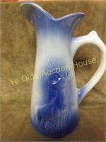 Tall Blue and White Stoneware Pitcher with Moose