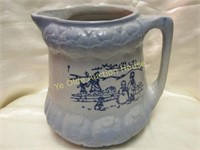 1920s Blue and White Stoneware Floral Pitcher