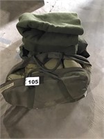 ARMY BLANKET, SLEEPING BAG IN CASE, TENT. (all