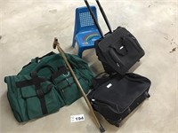 CHILDS CHAIR, LUGGAGE, CANE