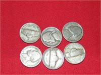 6 WWII War Nickels (35% Silver)