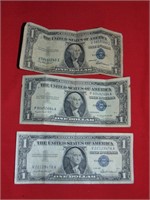 3 Silver Certificate Dollars (Blue Seal Notes)