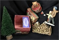 Winter holiday table decorations. Gift boxes