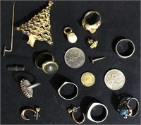 7 Rings - 1 brooch-2 pins-1 pair earrings-coins