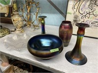 Lot: 4 Art Glass Pieces and Porcelain Vase.