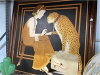 Lg. Painting of Girl and Leopard, As Is, Torn.