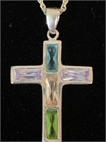 925 SILVER NECKLACE AND MULTICOLOR CROSS PENDANT