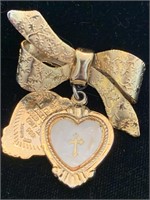 GOLD BOW, CROSS AND DOUBLE HEART BROOCH