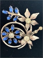 SILVER WITH CLEAR / BLUE CZ FLOWER BROOCH