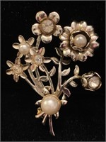 SILVER FLORAL BOUQUET BROOCH W/ CLEAR CZ / PEARLS