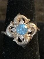 STERLING AND BLUE TOPAZ RING W4 CLEAR STONES