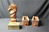 Chess Horse, Tin Cigar Box, 2 Sewing Drawers