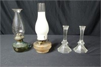 Two Oil Lamps & Pair of Glass Candlesticks