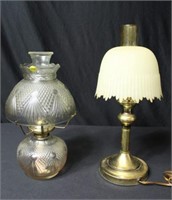 Brass Lamp & Pressed Glass Oil Lamp