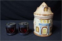 2 Red Drum Shape Condiment Jars & Cookie Jar