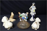 3 Bird Figurines, Glass Butter Dish, Figural Vase