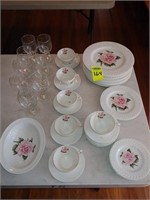 36 pc. Haviland Rose and 9pc. Etched Stemware