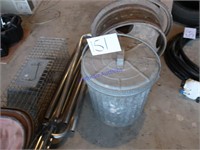 Steel bucket w/ lid, truck rim, steel tube frame,