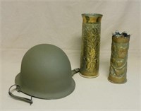 1953 "Japy" Helmet and Trench Art Shell Vases.
