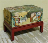 Chinese Hand Painted Leather Trunk on Stand.