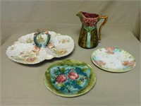 Majolica Dolphin Platter, Plates and Pitcher.