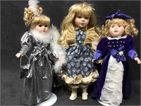 3 porcelain collectors dolls,approx  16 in H, on