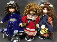 3  porcelain collectors dolls, 16 in H, on stands