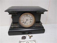 Vintage Black Mantle Clock w/ Key & Pendulum -