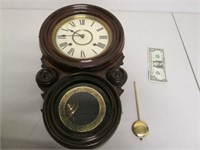 Vintage Wall Clock w/ Pendulum & Key - Untested