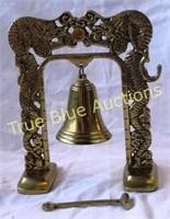 Suspended Brass Bell with Carved Base and Mallet