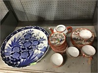 Shelf Lot w/Porcelain Charger, Japanese Tea Set.