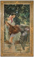 Neoclassical Style "Woman at Pond" Large Oil