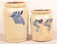 Two Stoneware Jars with Cobalt Foliate Slip Decora