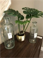 3PC DECORATIVE GLASS CANISTERS & FAUX PLANT