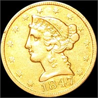 1847-C $5 Gold Half Eagle ABOUT UNCIRCULATED