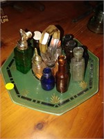 serving tray and little glass bottles 4" tall